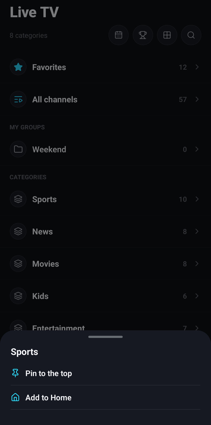 The actions of a category on a phone: Pin to the top and Add to Home