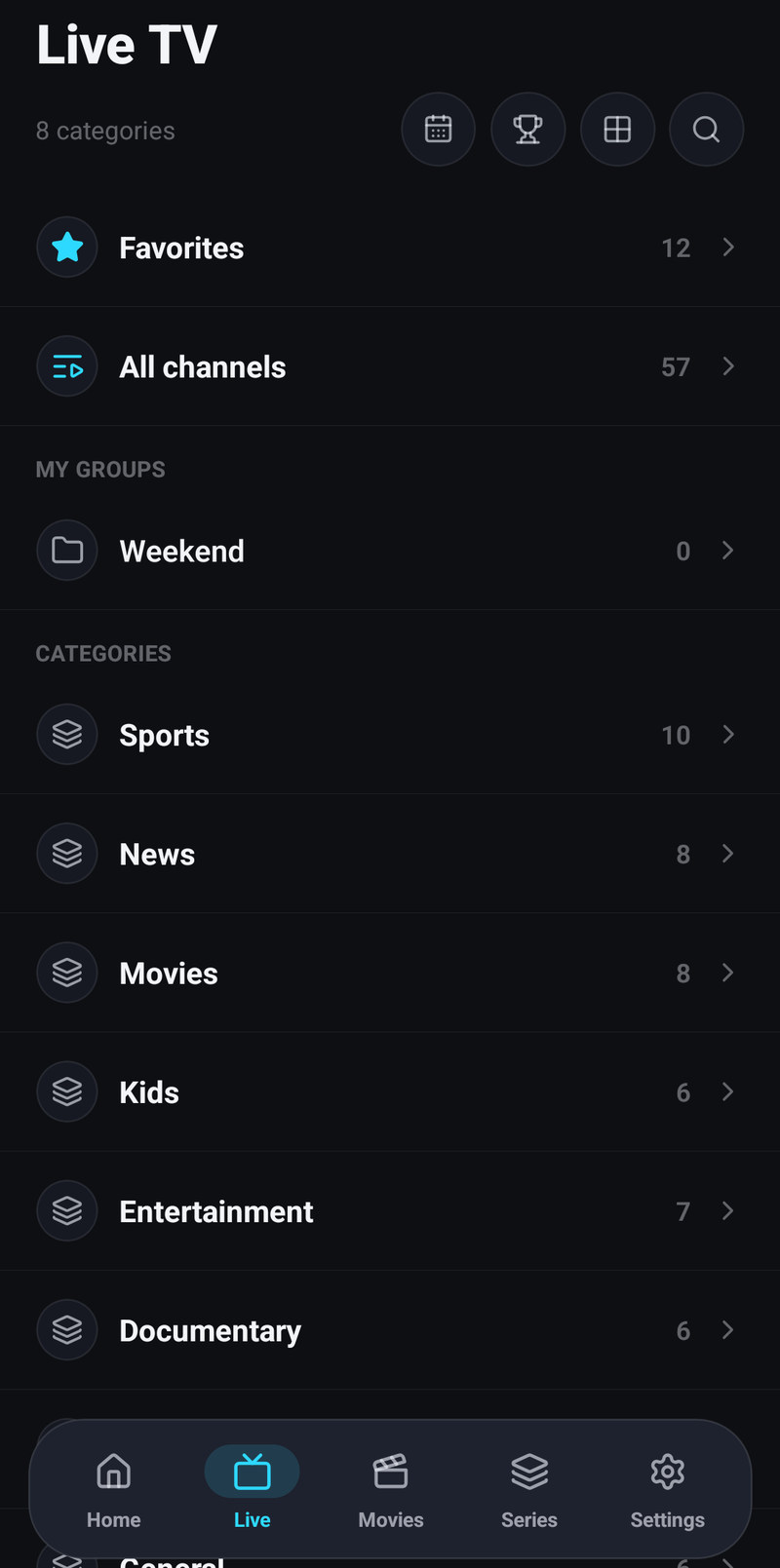 The Live tab folder screen on a phone