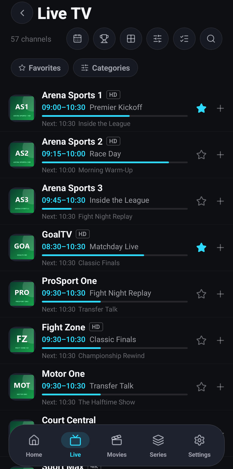 The channel list on a phone