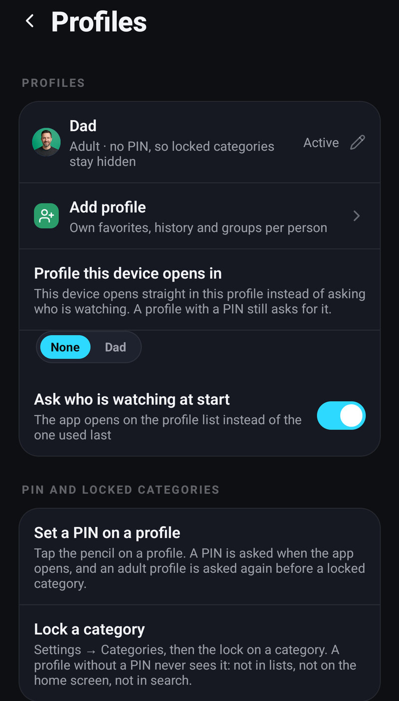 The Profiles settings screen on a phone