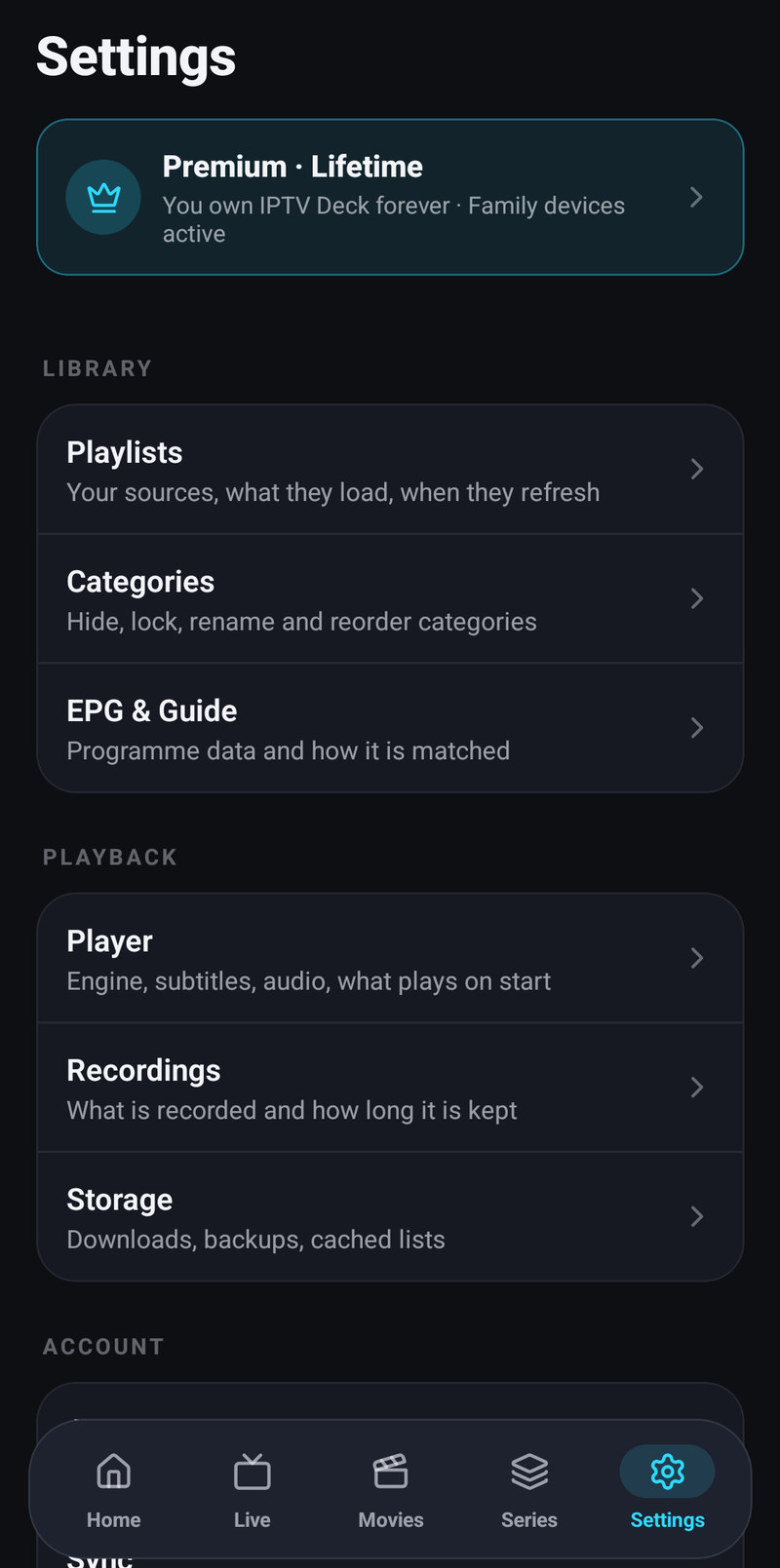 The Settings screen on a phone