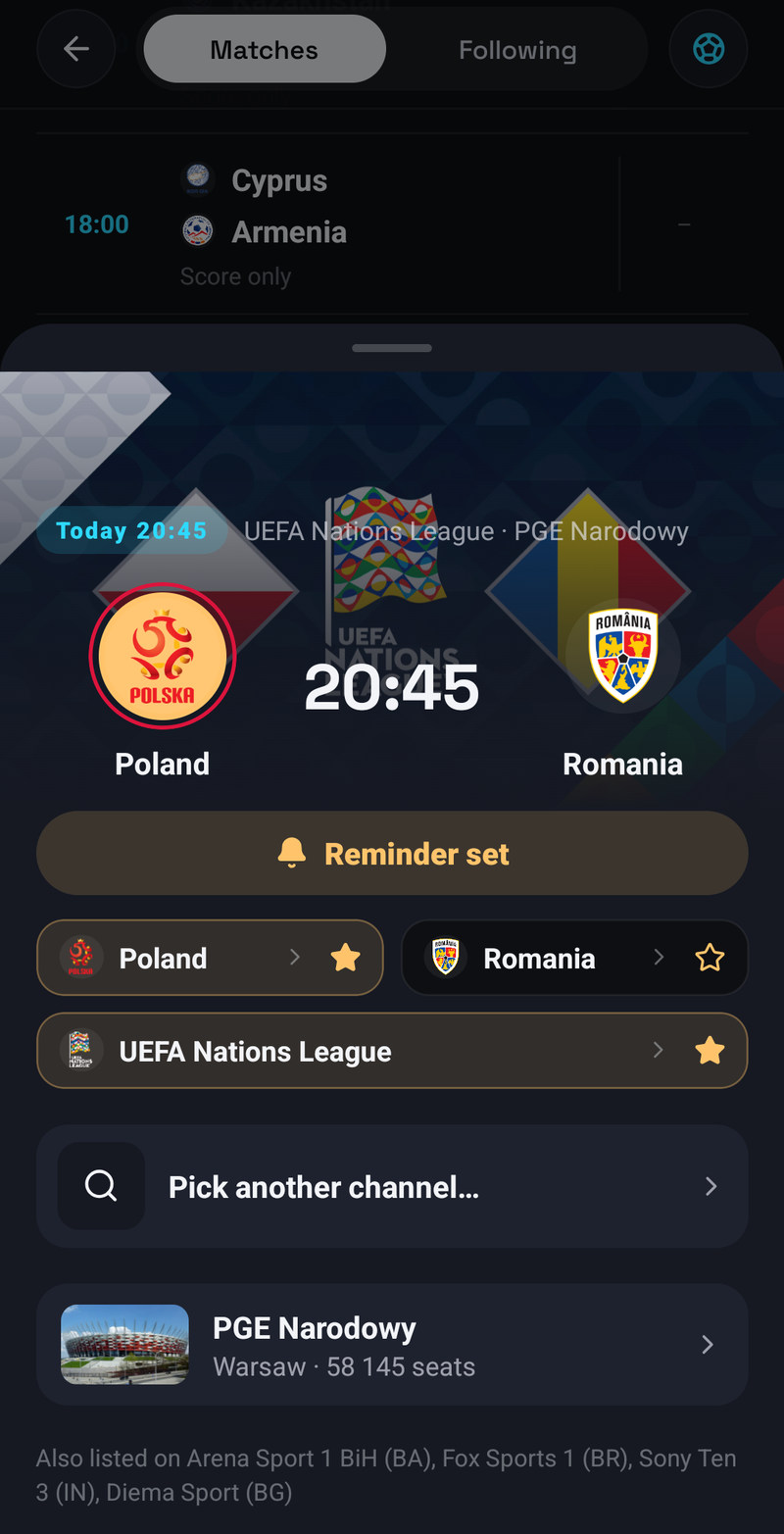 A match sheet on a phone