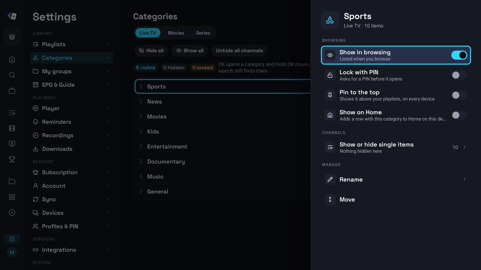 The sheet of a category in the television settings