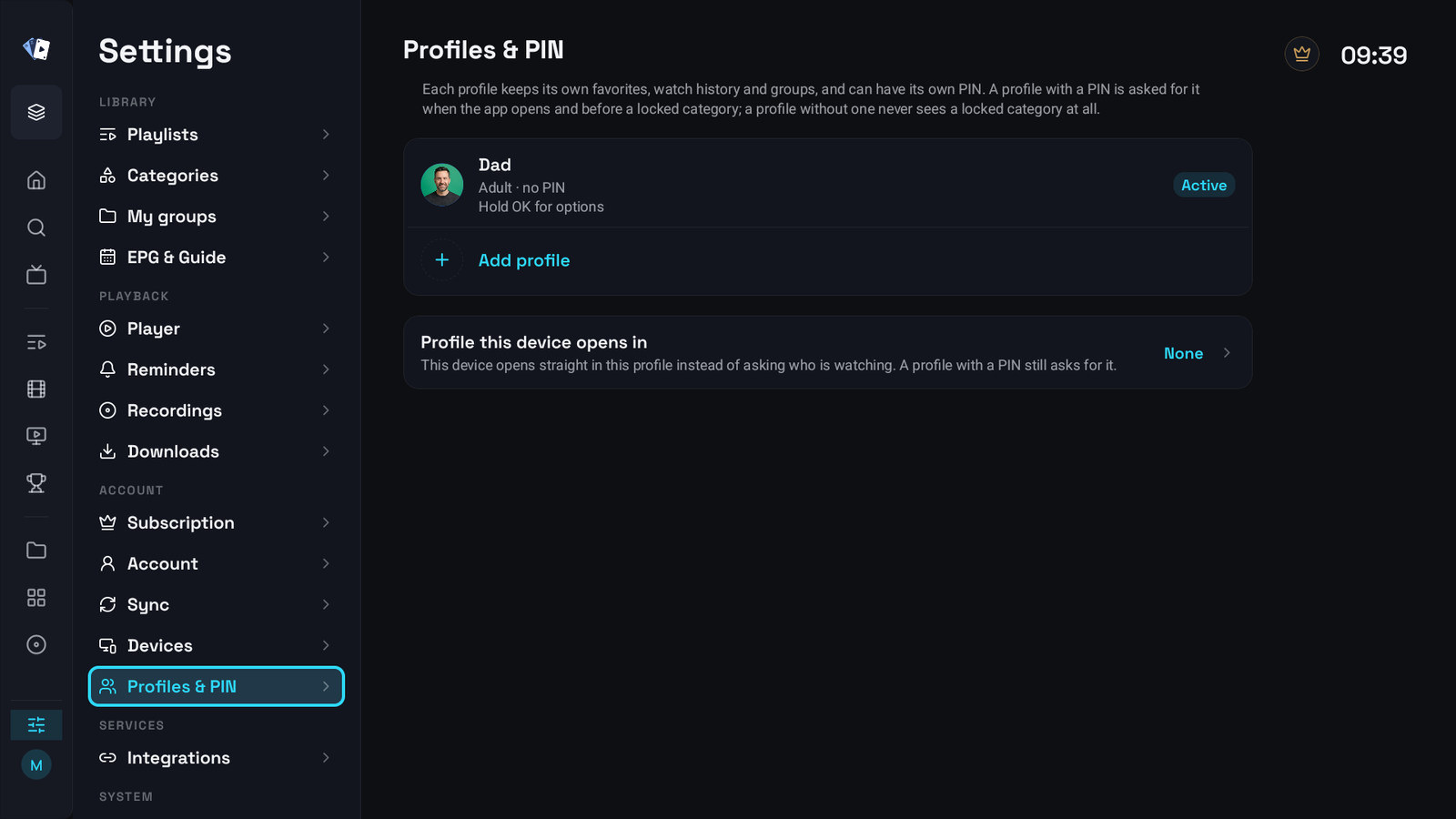 Profiles and PIN in the television settings