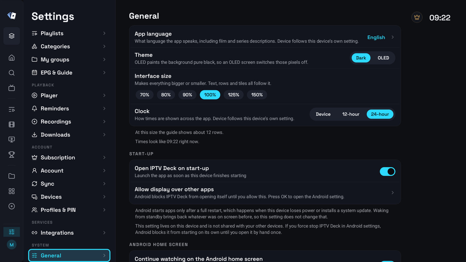 The General section of the television settings
