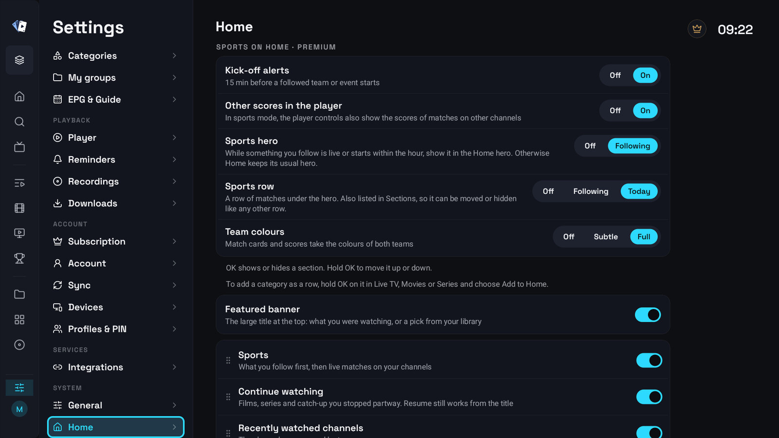 Settings, Home on a television